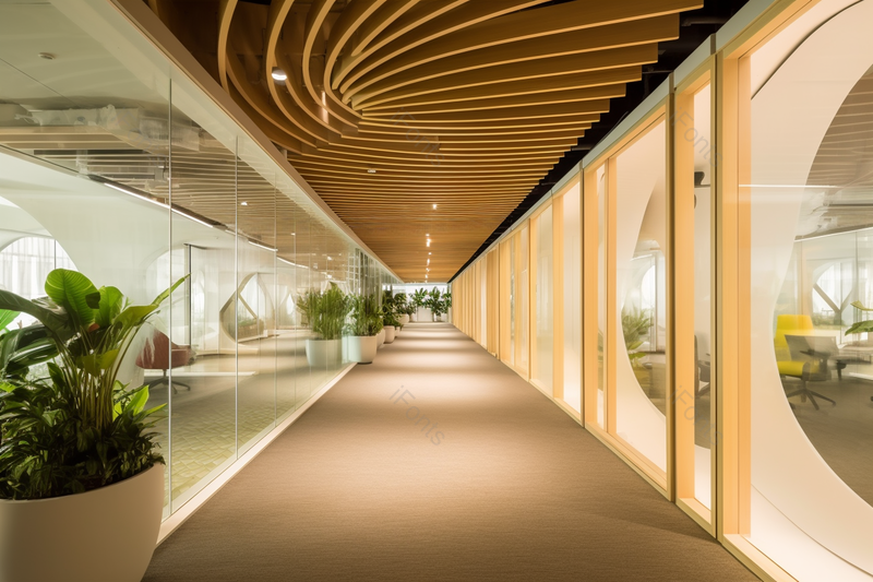 明亮的办公室走廊内种满了绿色的植物,高清,摄影图,摄影图片,图片大全,摄影图免费下载